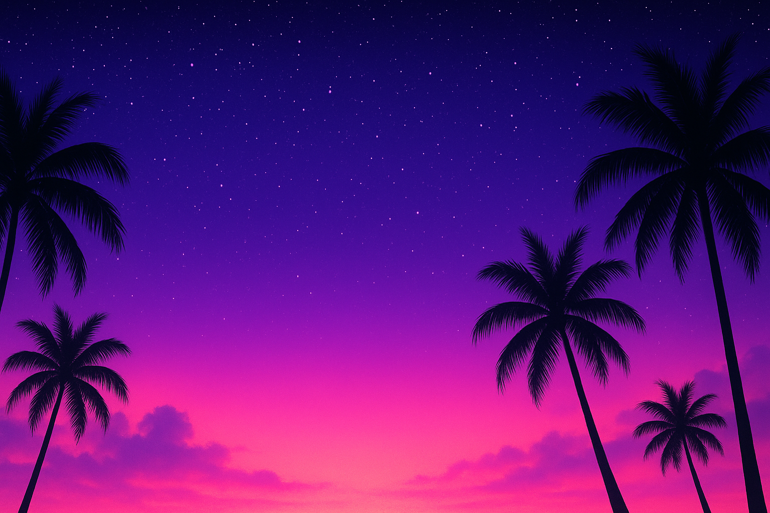 Summer homepage banner with retro-futuristic synthwave aesthetic featuring a purple-to-pink gradient sky with stars and palm tree silhouettes, inspired by Shopify Editions Summer 2025 Horizons